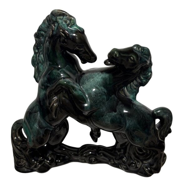Wyatt Art Pottery Rearing Horses Figure Green Black Drip Glaze 11.75" Canada - Picture 1 of 12